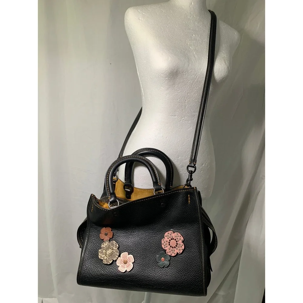 Coach Rogue 31 Black Glovetanned Pebble Leather Tea Rose Floral Satchel Bag
